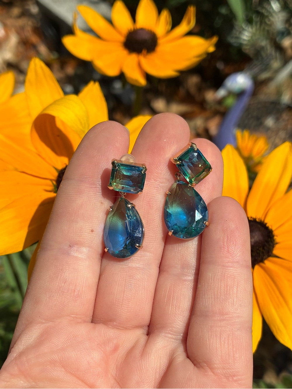 🐛 Gold-Tone Drop Earrings with Blue-Green Teardrop and Square Faceted Beads